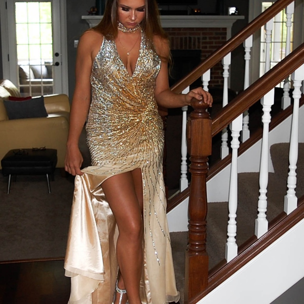 gold satin prom dress